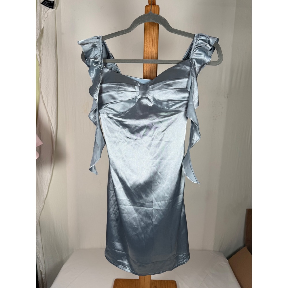 Weinaze Icy Blue Satin‎ Ruffle Strap Sweetheart Mini Dress Size 0 New With Tags